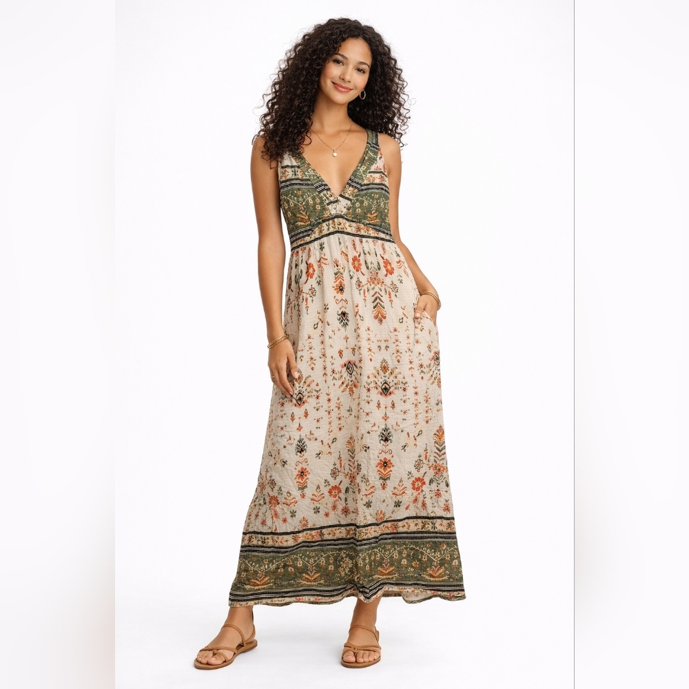 Zinzane Boho Maxi Dress V-Neck Sundress Size Small